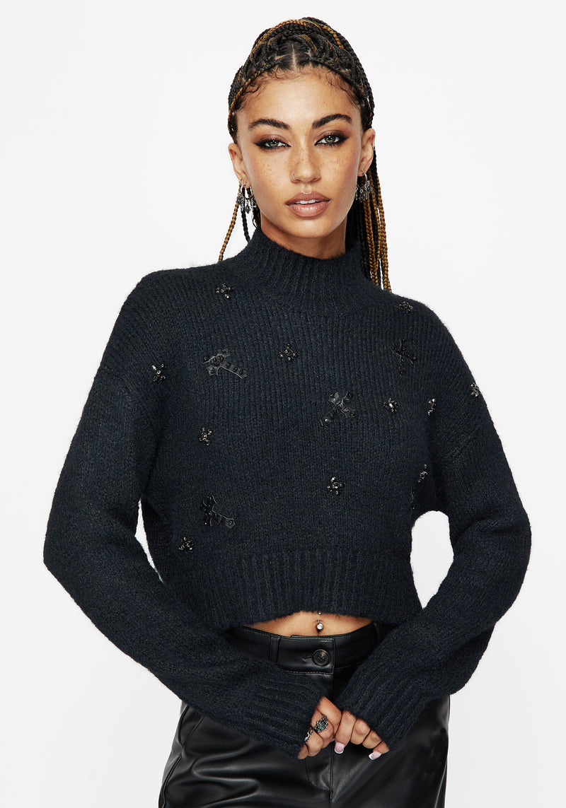 Phantom Cotton Embellished Cross Crop Jumper