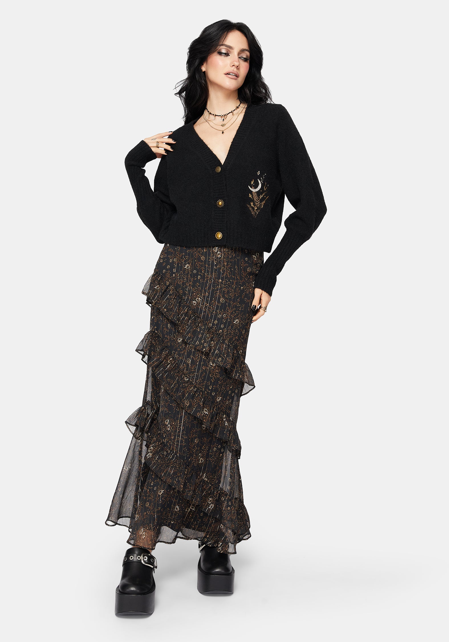 Astralis Floral Stripe Asymmetric Ruffle Tiered Maxi Skirt