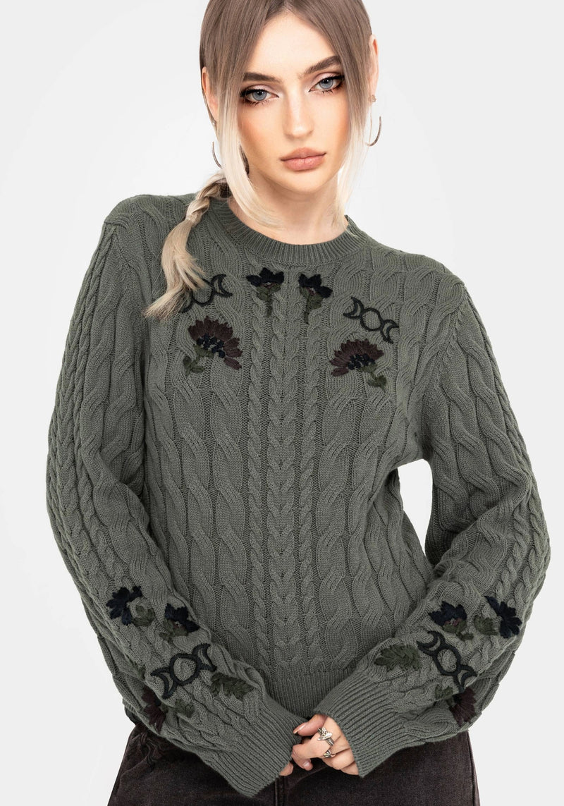 Clara Cotton Floral Embroidered Cable Knit Jumper – Disturbia