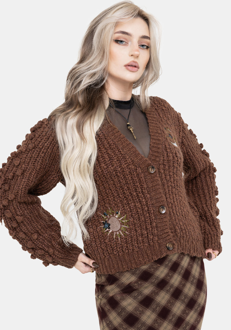 Isla Chunky Bobble Moon Embroidered Knit Cardigan