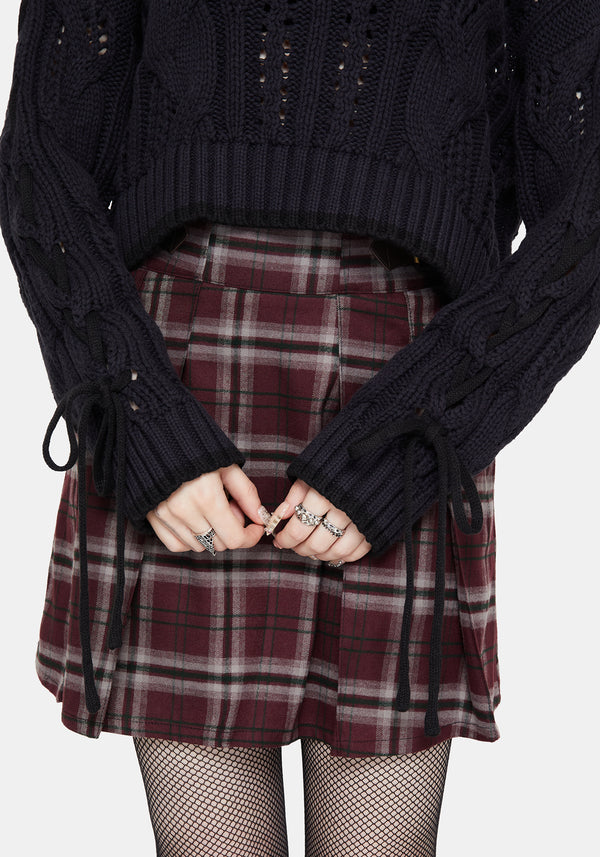 Sycamore Cotton Lace Up Sleeve Cable Knit Crop Jumper - Navy