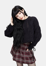 Sycamore Cotton Lace Up Sleeve Cable Knit Crop Jumper - Navy