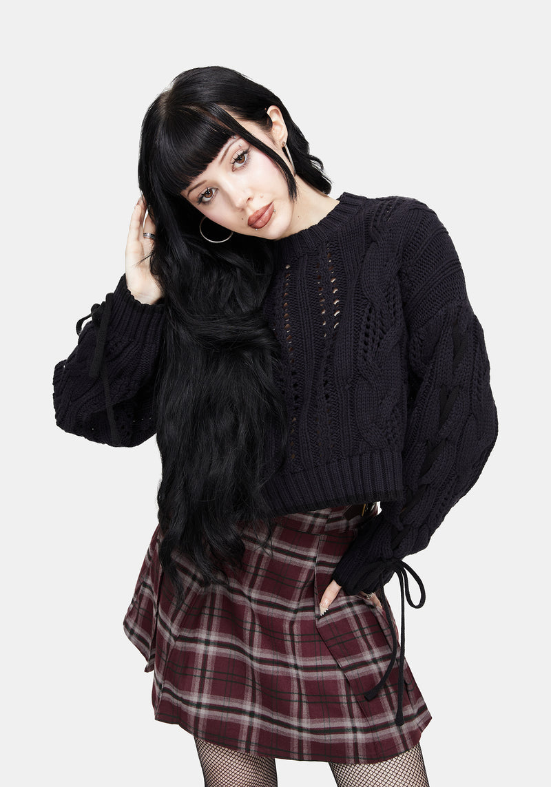 Sycamore Cotton Lace Up Sleeve Cable Knit Crop Jumper - Navy