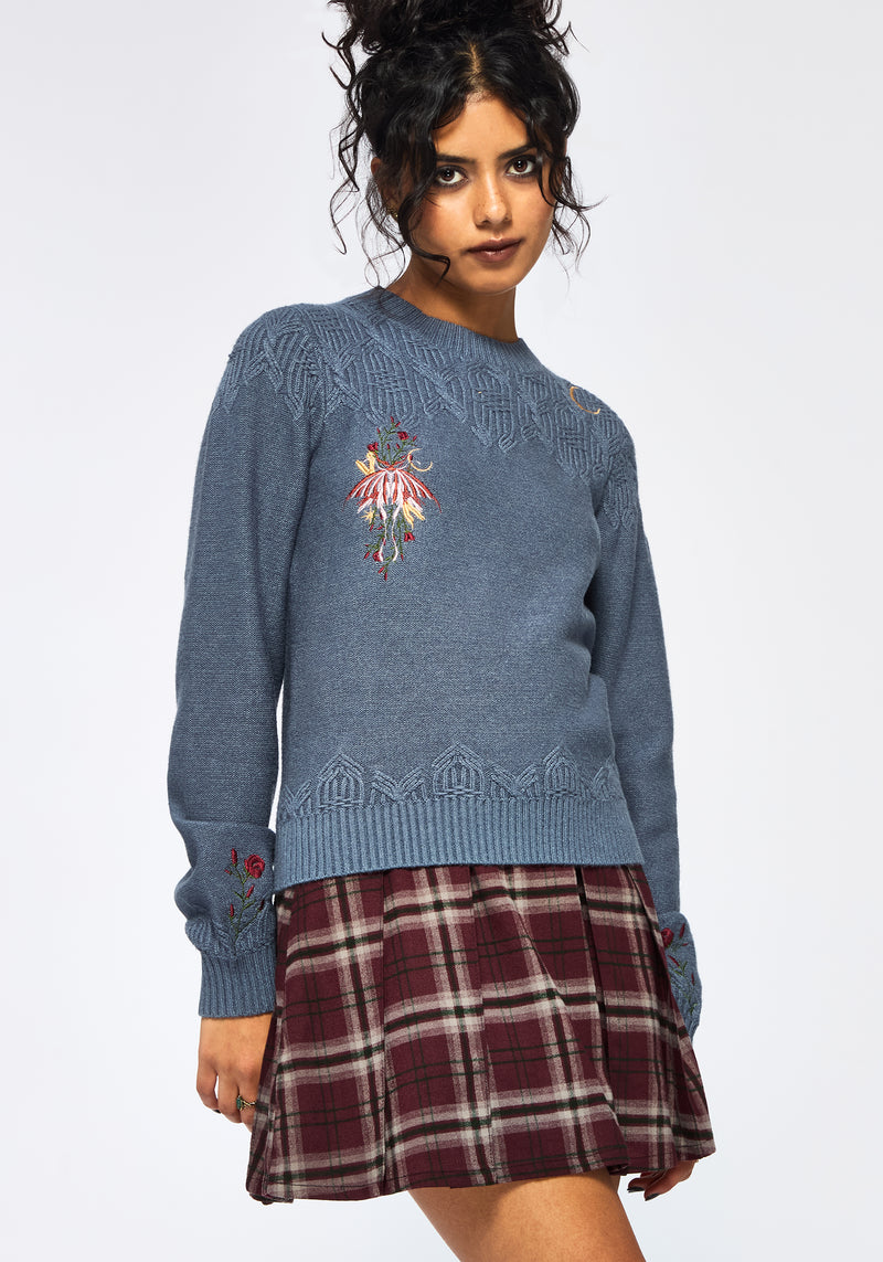 Selenia Moth Embroidered Cable Twist Knit Jumper - Blue