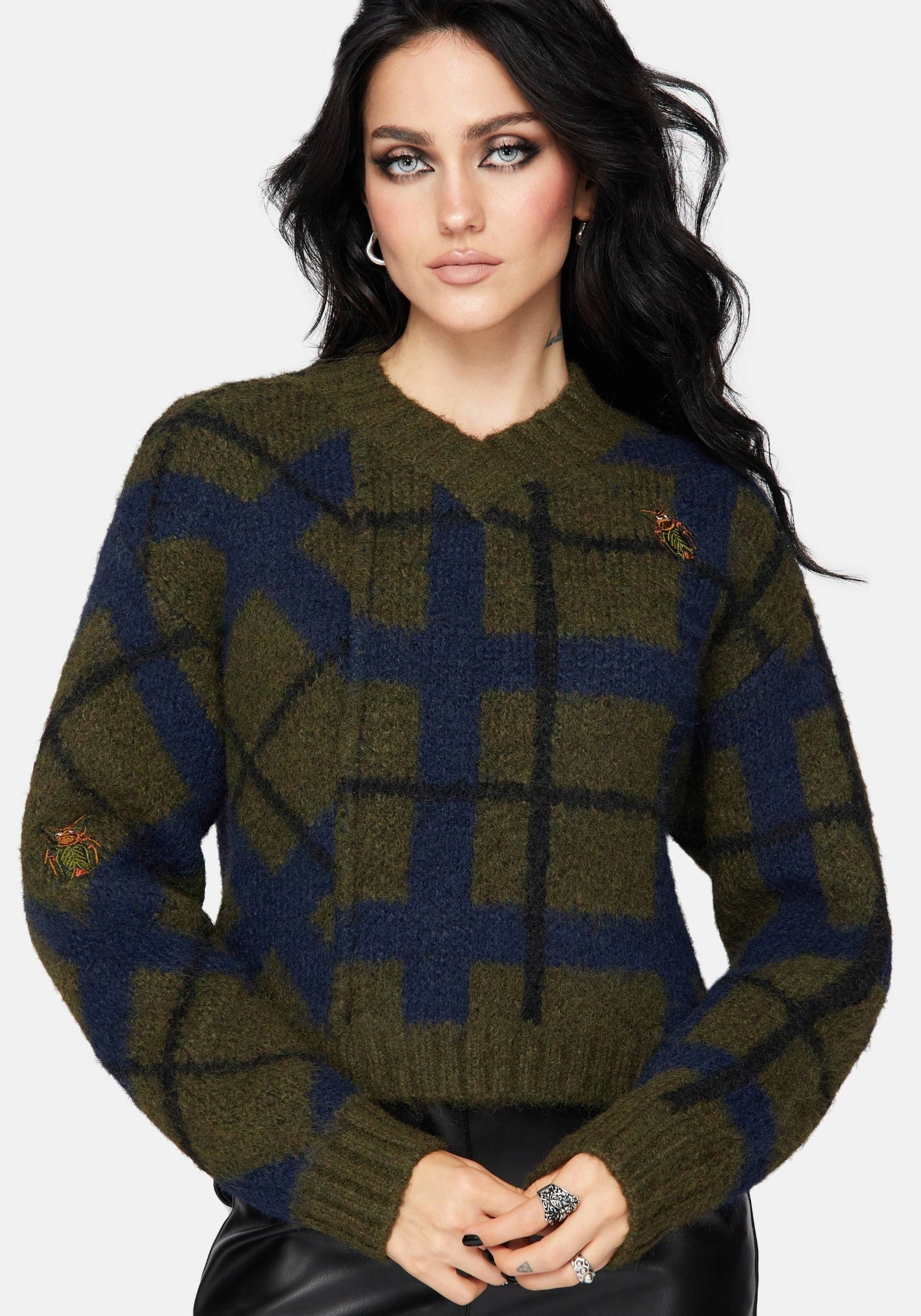 Nelly Spliced Check Bug Jacquard Cropped Knit Jumper – Disturbia
