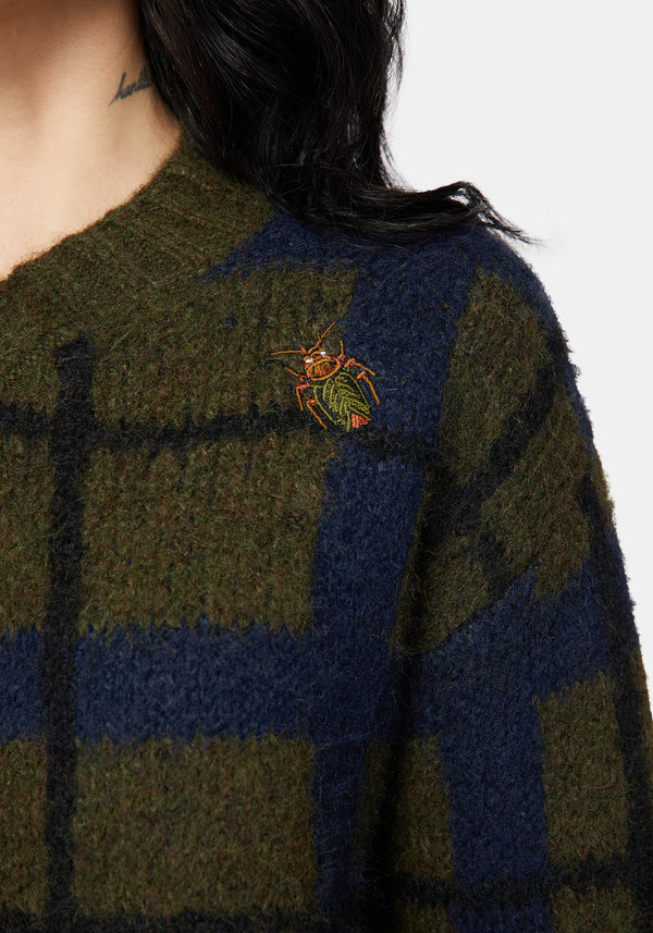 Nelly Spliced Check Bug Jacquard Cropped Knit Jumper