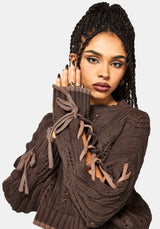 Sycamore Cotton Lace Up Sleeve Cable Knit Crop Jumper - Brown