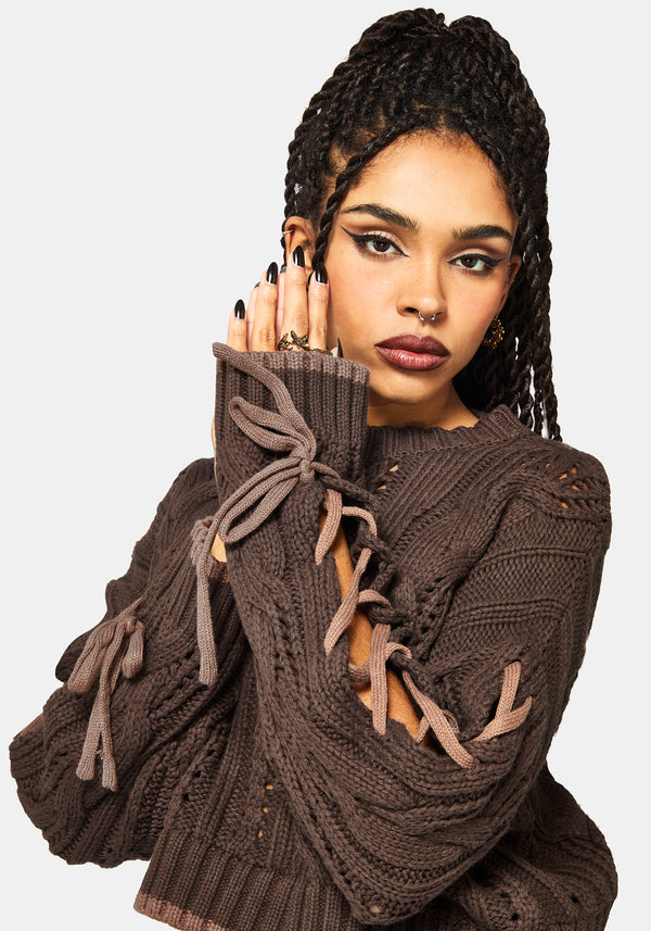 Sycamore Cotton Lace Up Sleeve Cable Knit Crop Jumper - Brown