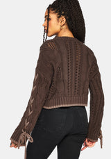 Sycamore Cotton Lace Up Sleeve Cable Knit Crop Jumper - Brown