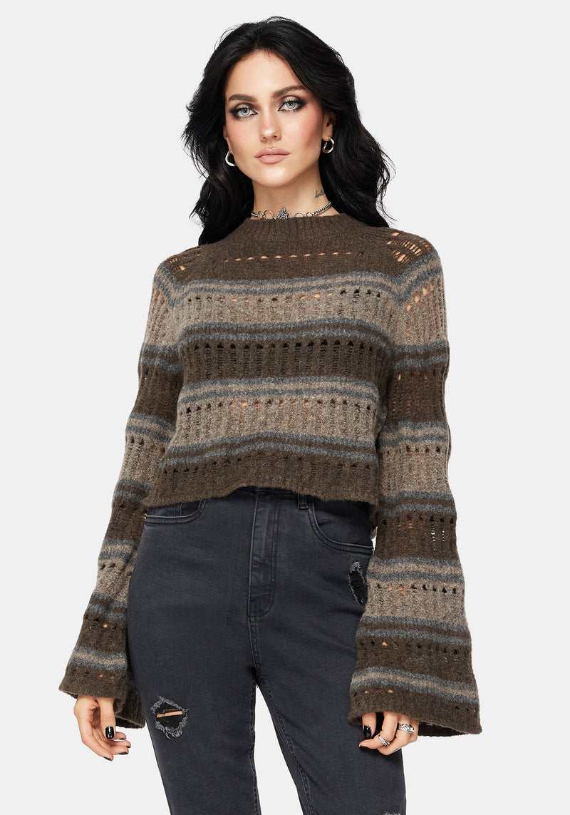 Splinter Stripe Knit Flare Sleeve Crop Jumper - Brown
