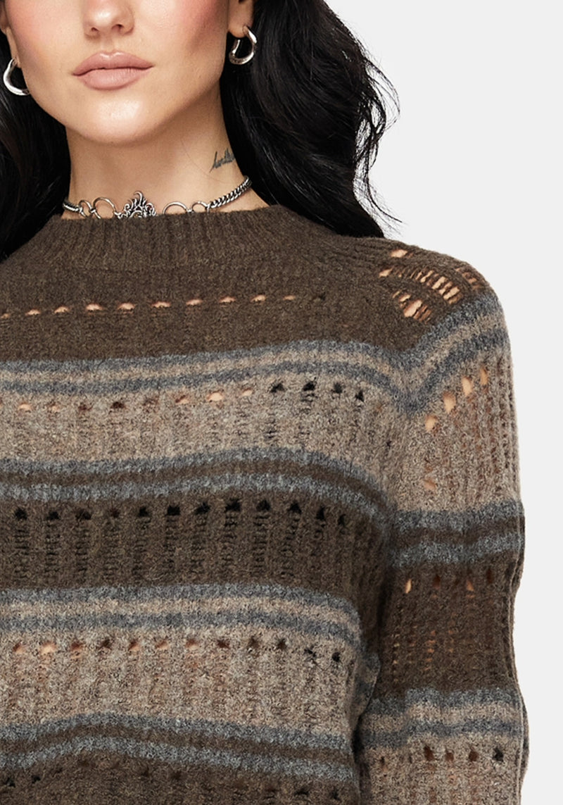 Splinter Stripe Knit Flare Sleeve Crop Jumper - Brown