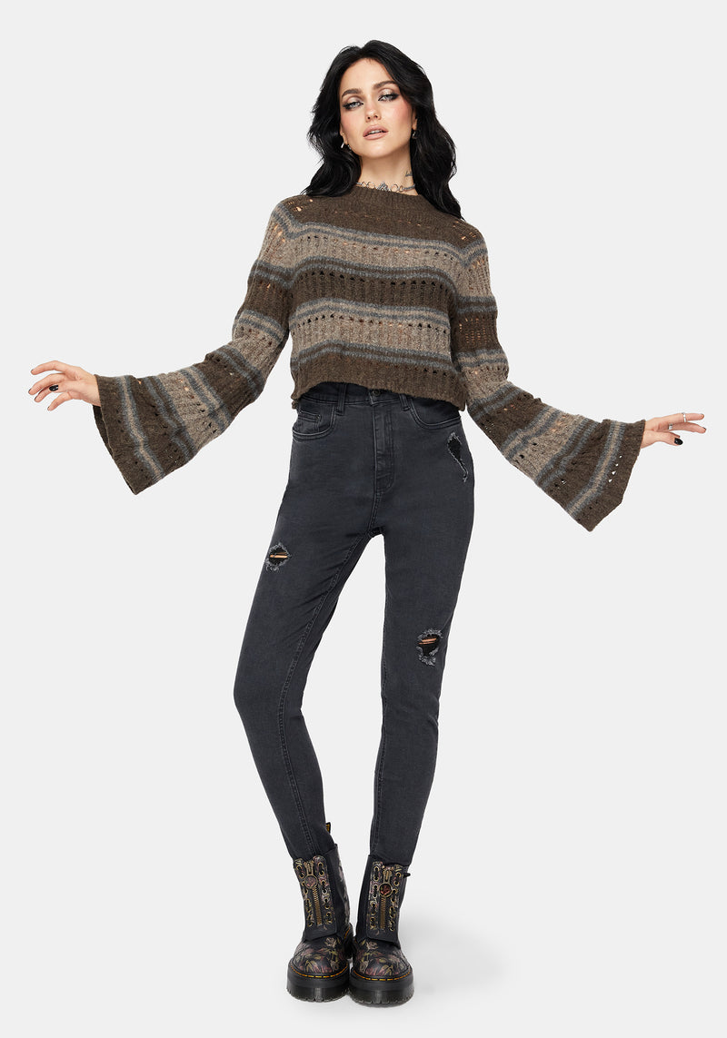 Splinter Stripe Knit Flare Sleeve Crop Jumper - Brown