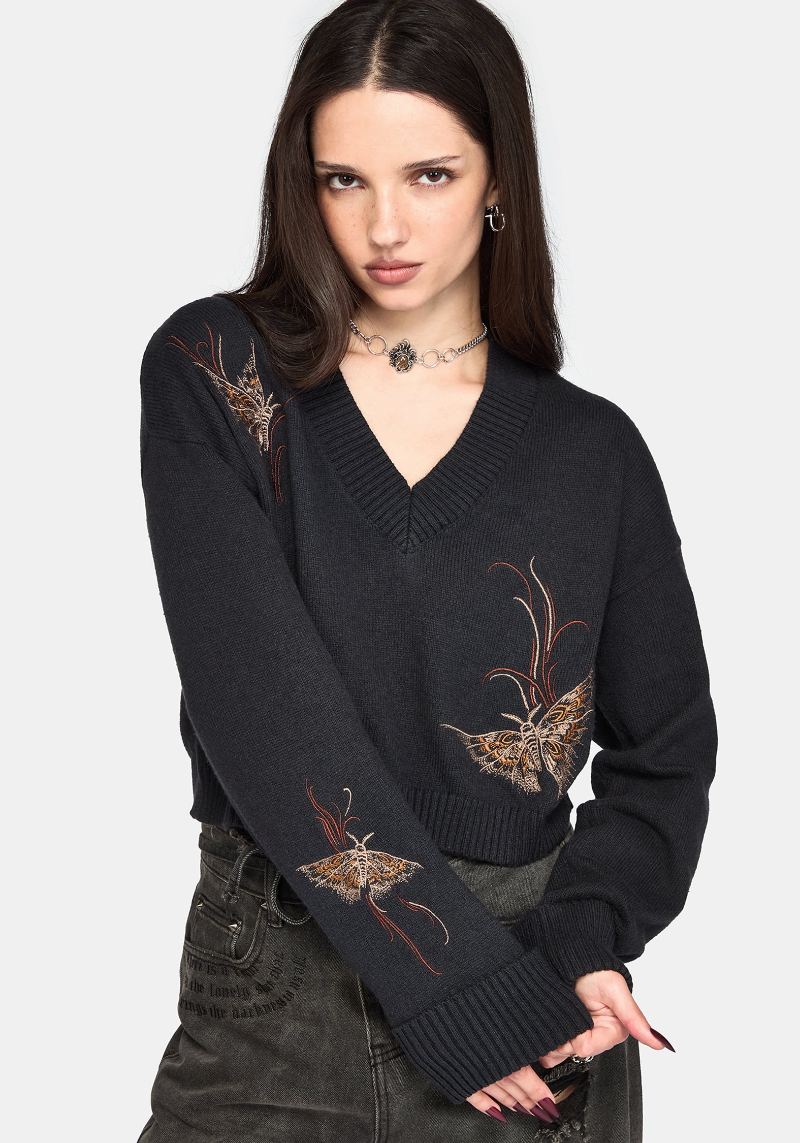 Ember Moth Embroidered V-Neck Knit Jumper