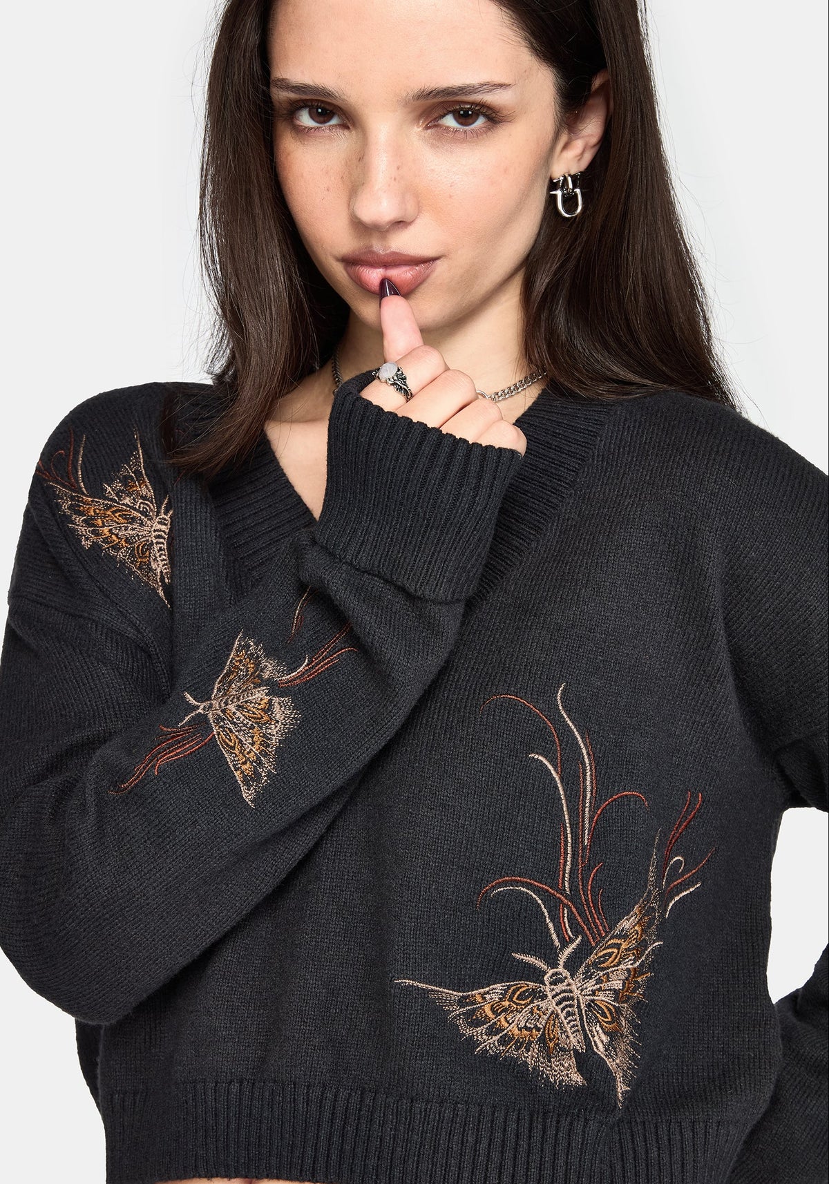 Ember Moth Embroidered V-Neck Knit Jumper