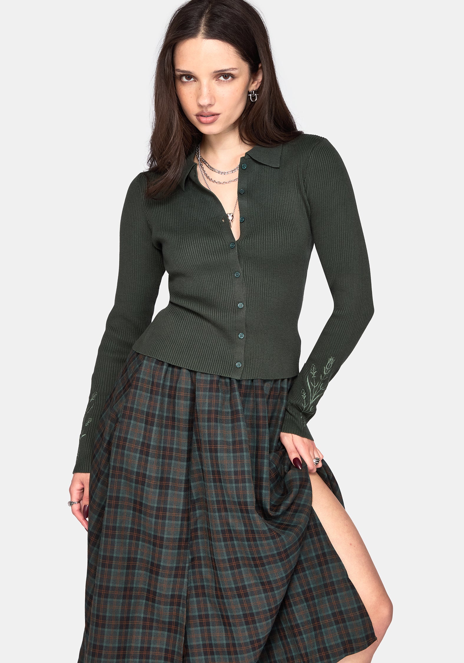 Cybele Embroidered Button Up Ribbed Knit Cardigan - Green
