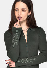 Cybele Embroidered Button Up Ribbed Knit Cardigan - Green