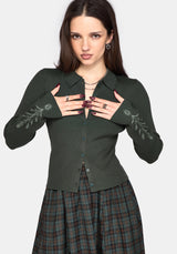 Cybele Embroidered Button Up Ribbed Knit Cardigan - Green