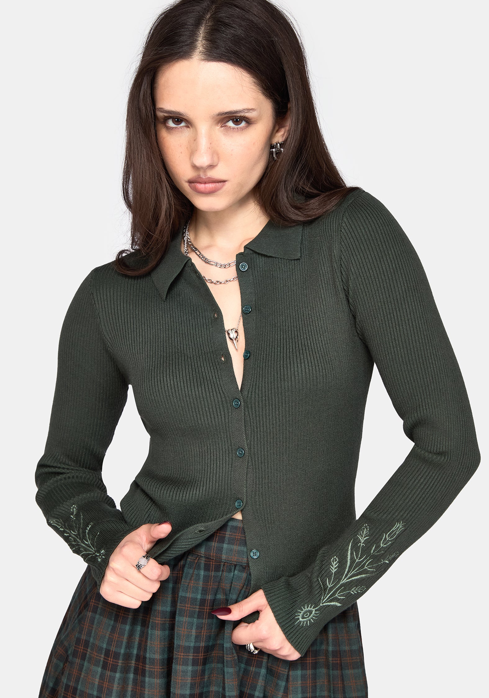 Cybele Embroidered Button Up Ribbed Knit Cardigan - Green