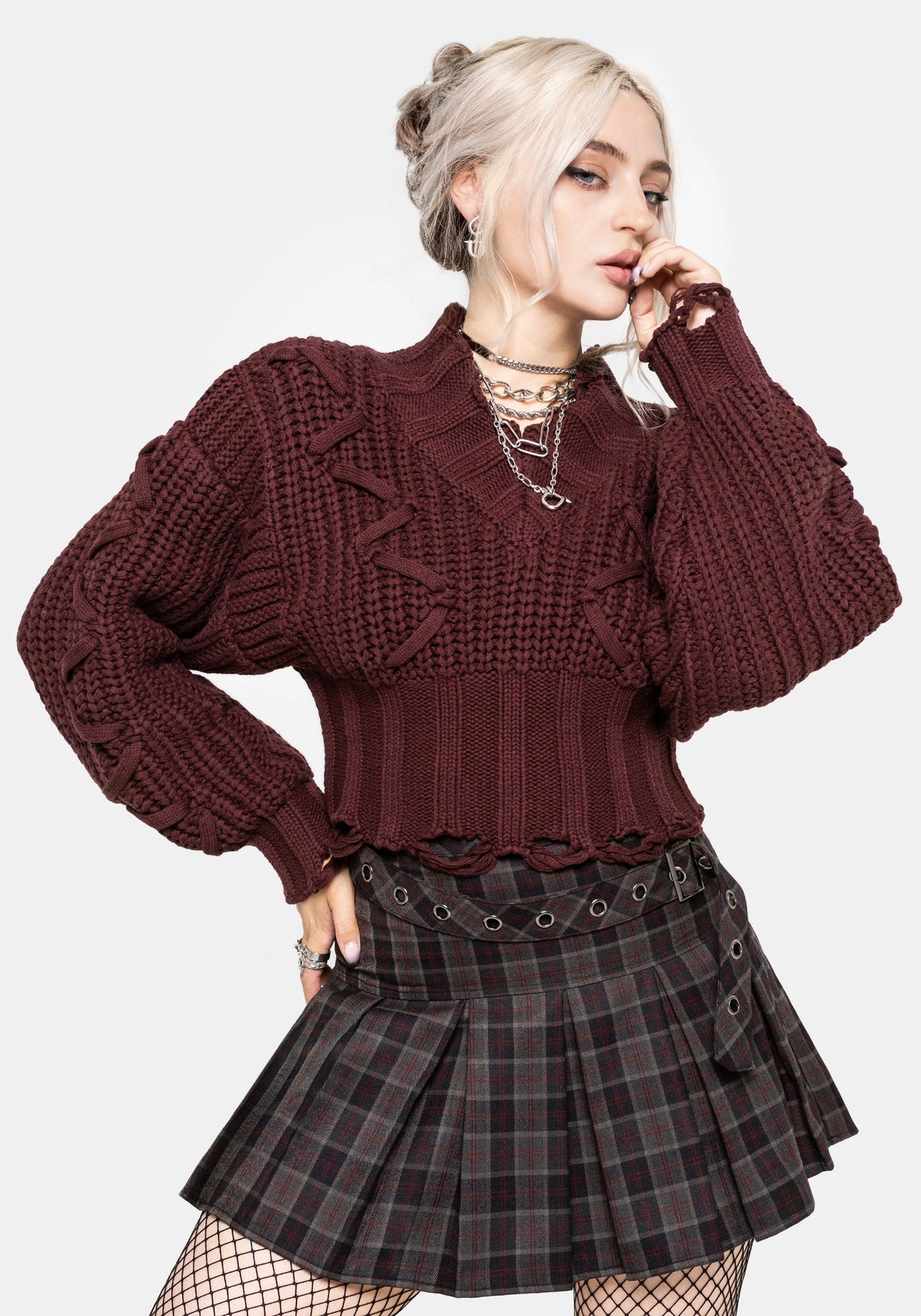 Olkra Weave Chunky Knit Jumper - Burgundy S