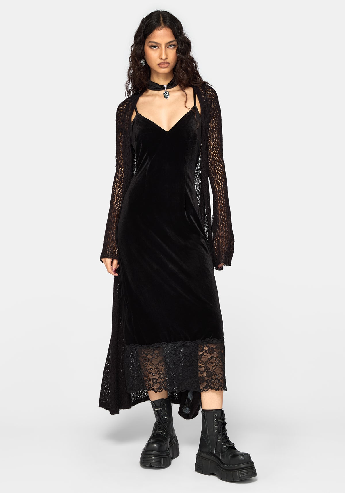Cathy Velour Lace Hem Cami Midaxi Dress