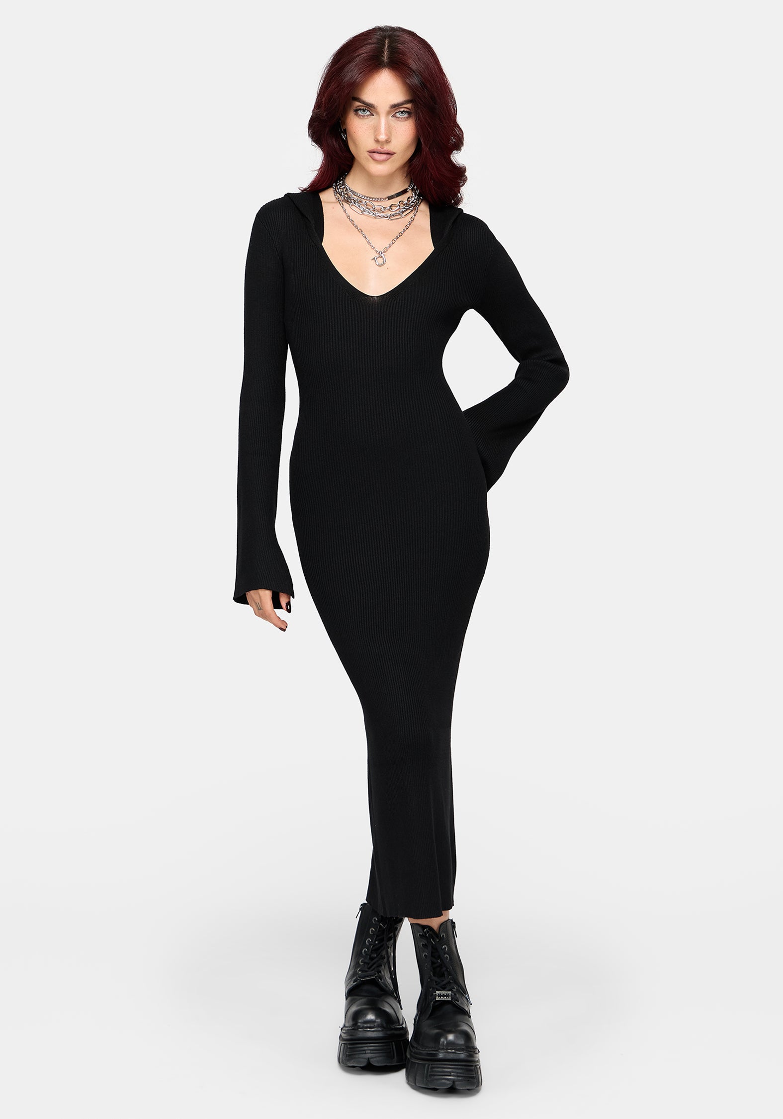 Heike Hooded Ribbed Knit Dress
