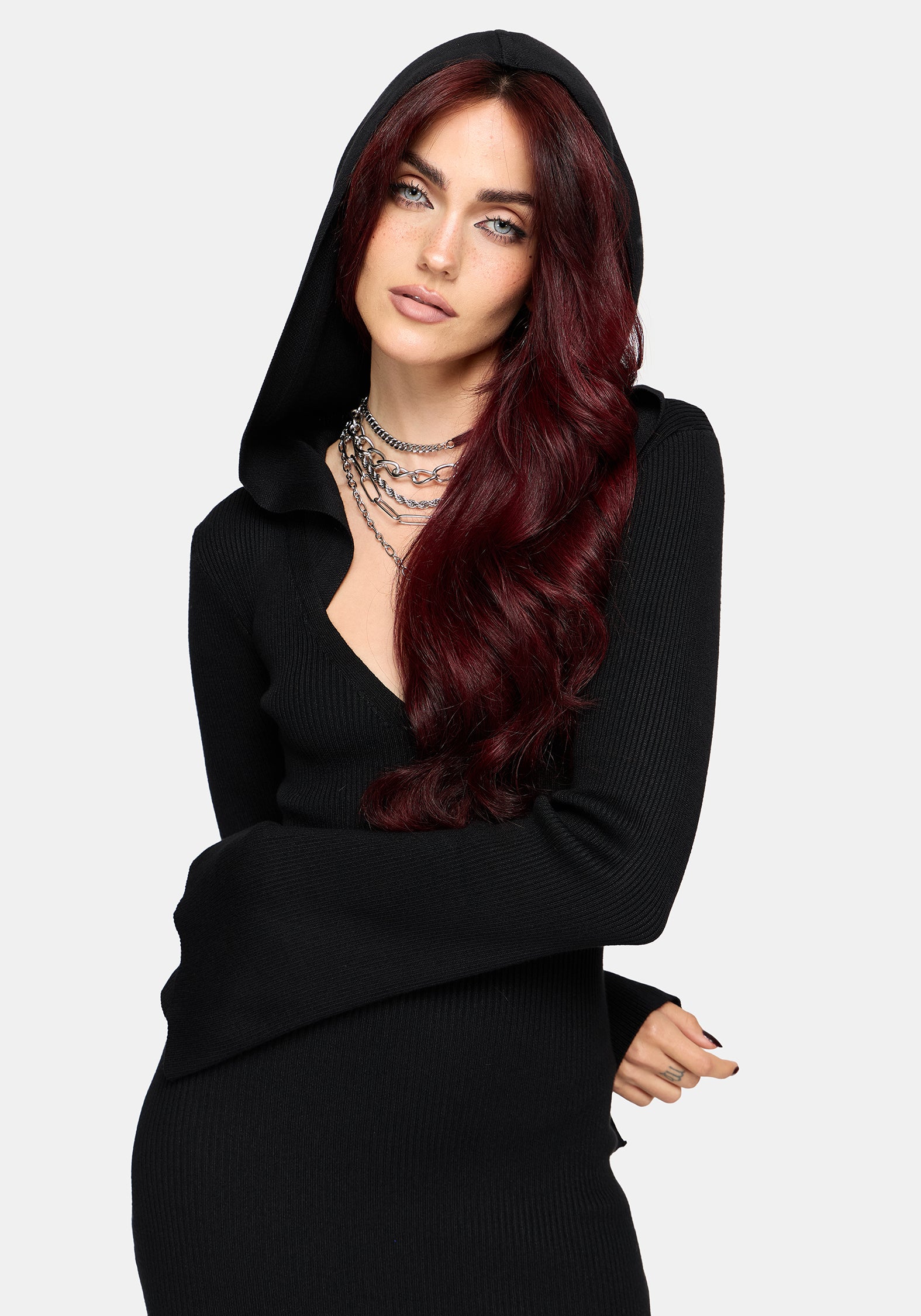 Heike Hooded Ribbed Knit Dress