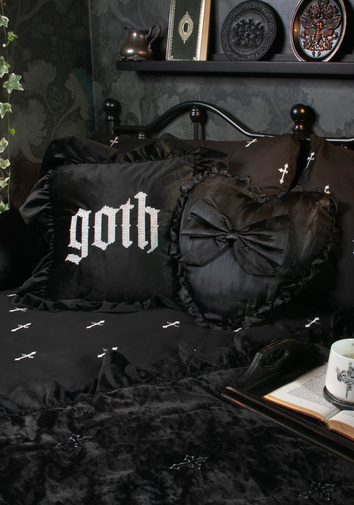 Goth Cross Stitch Square Ruffle Cushion