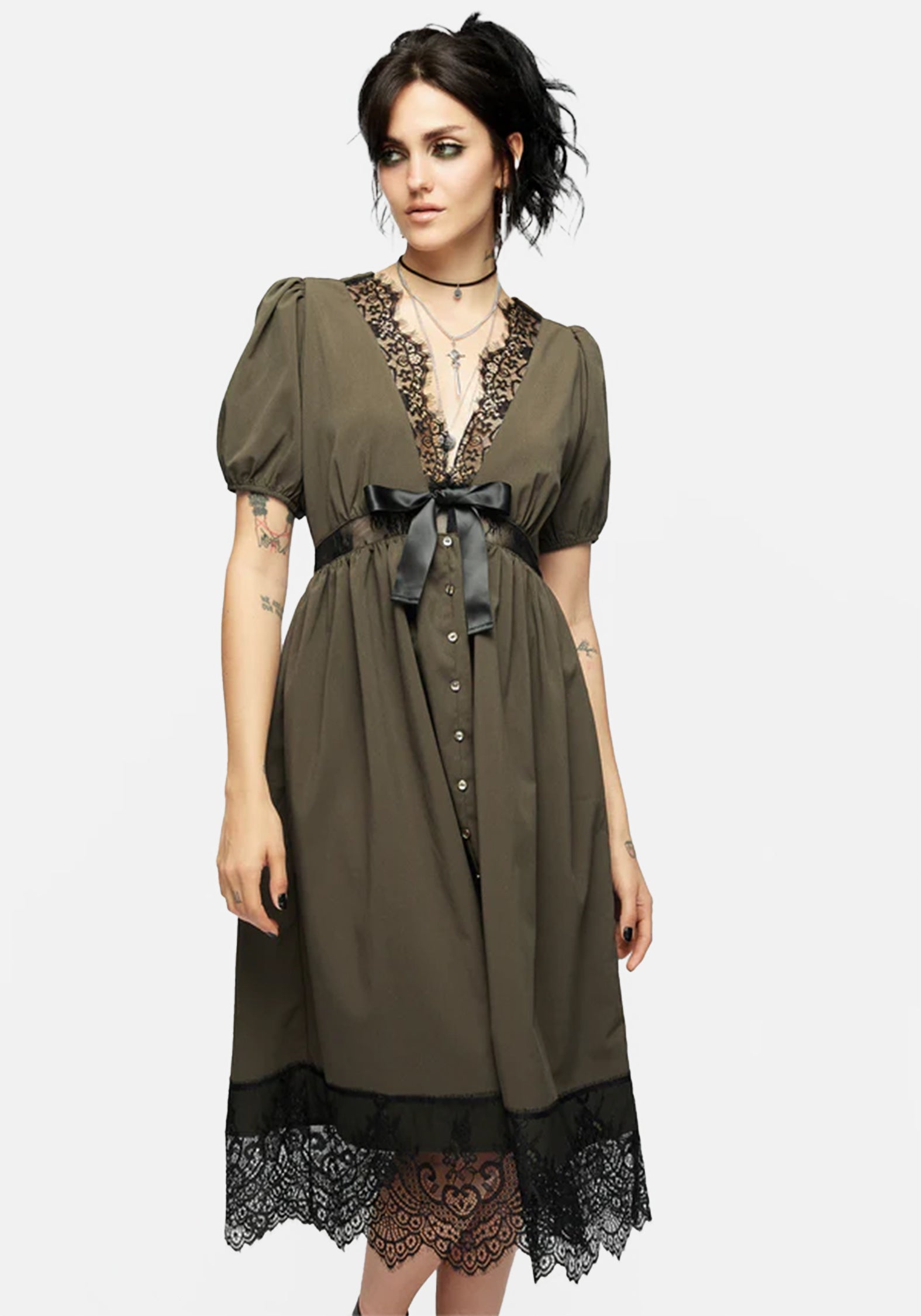 Mortuary Lace Button Up Midi Dress in Tea Leaf – Disturbia
