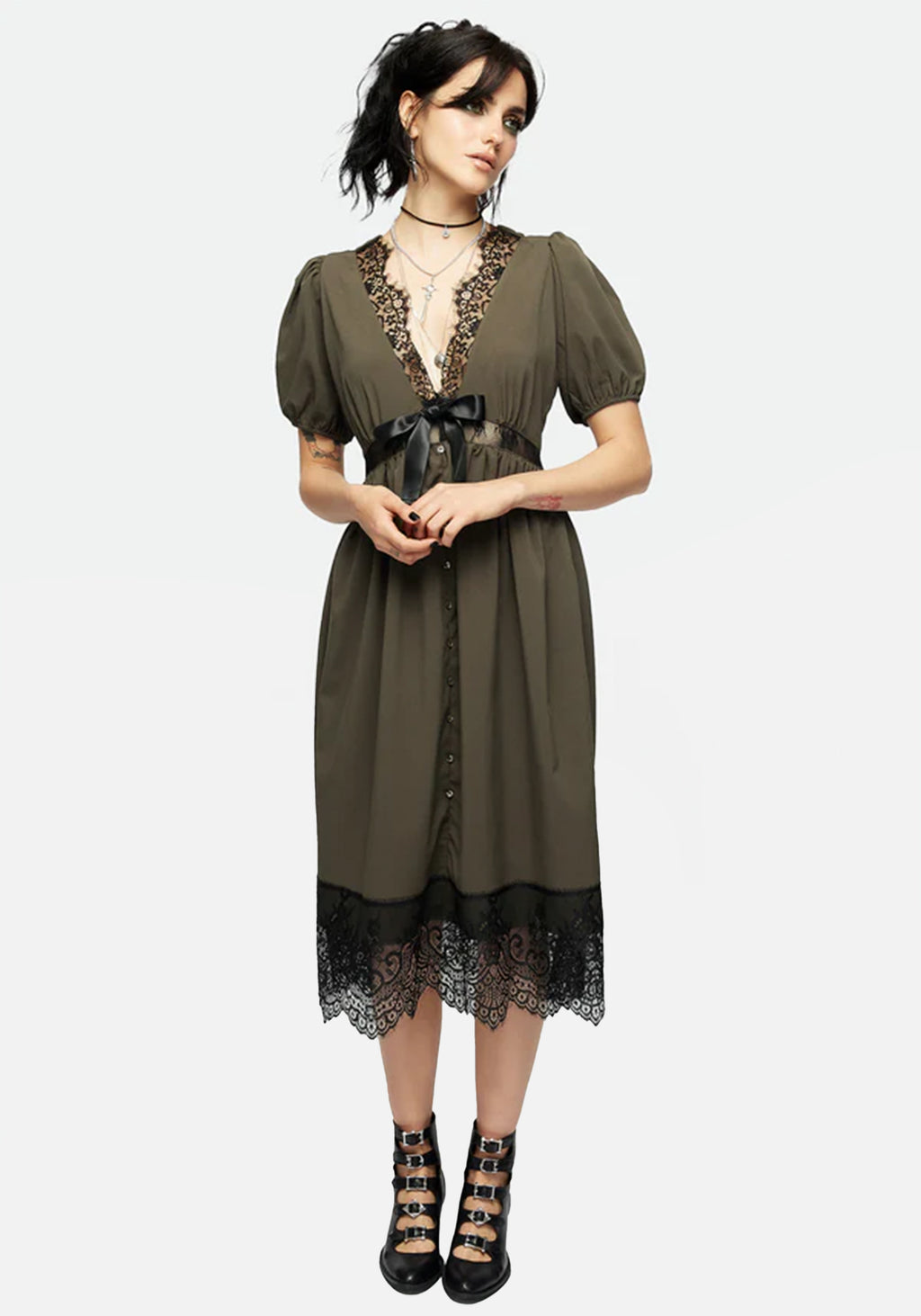Mortuary-Lace-Button-Up-Midi-Dress-in-Tea-Leaf – Disturbia
