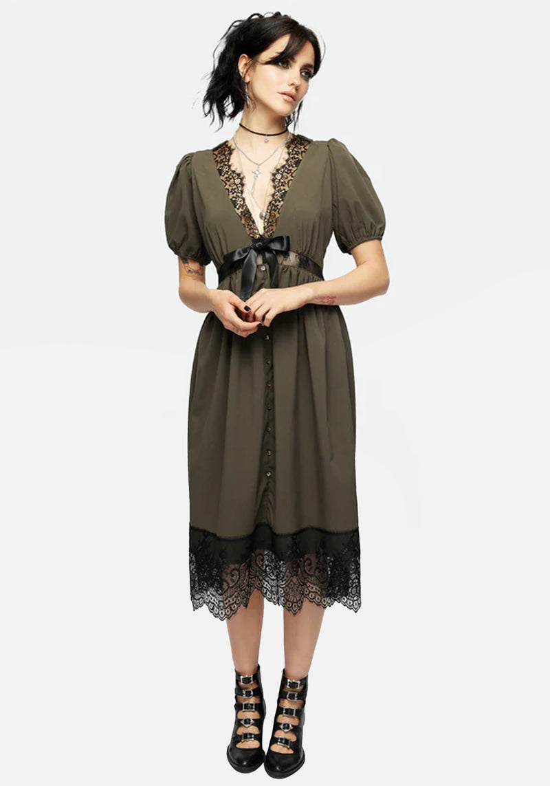 Mortuary Lace Button Up Midi Dress in Tea Leaf