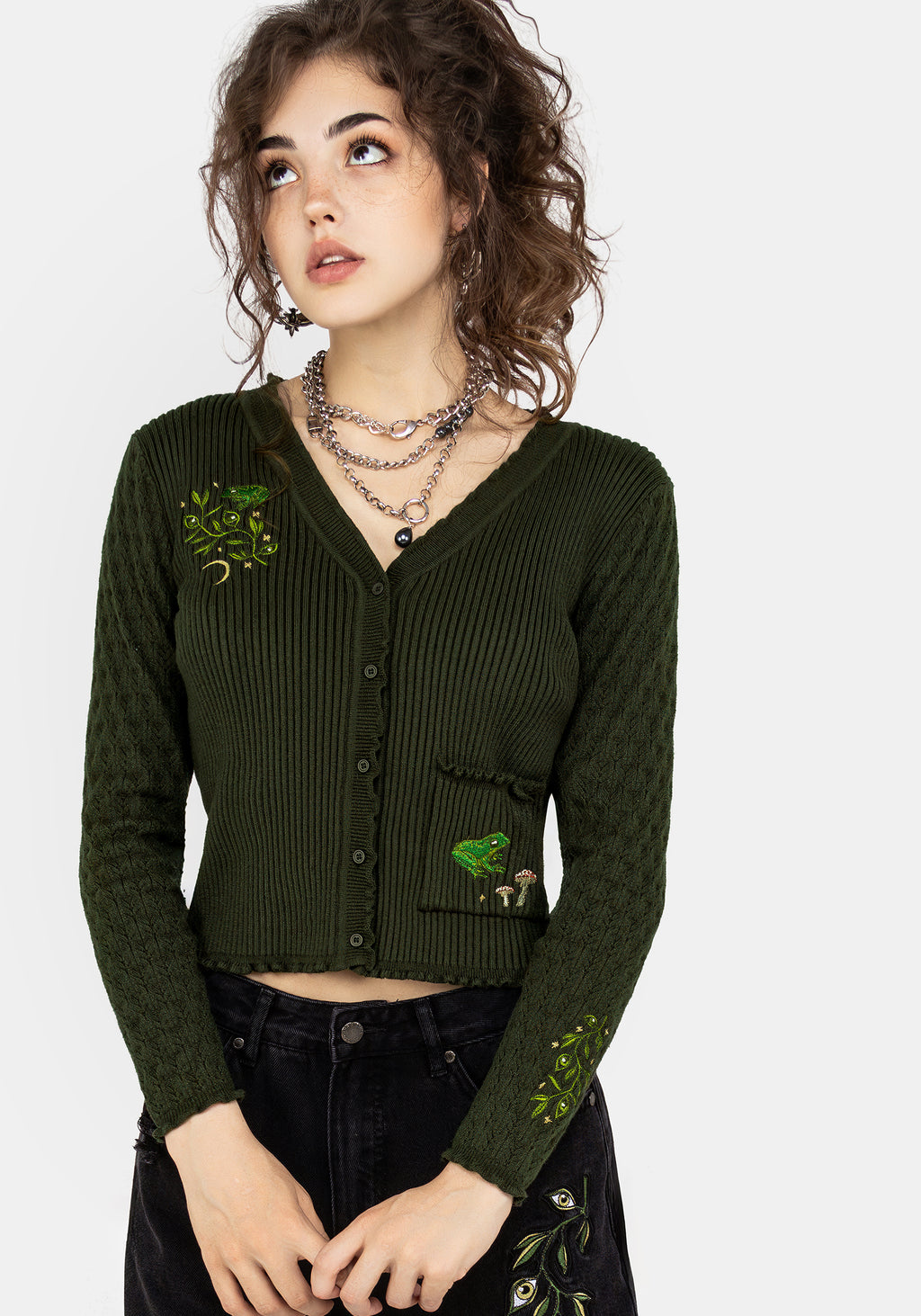 Disturbia Swamplife Embroidered Pointelle Knit Crop Cardigan Tops