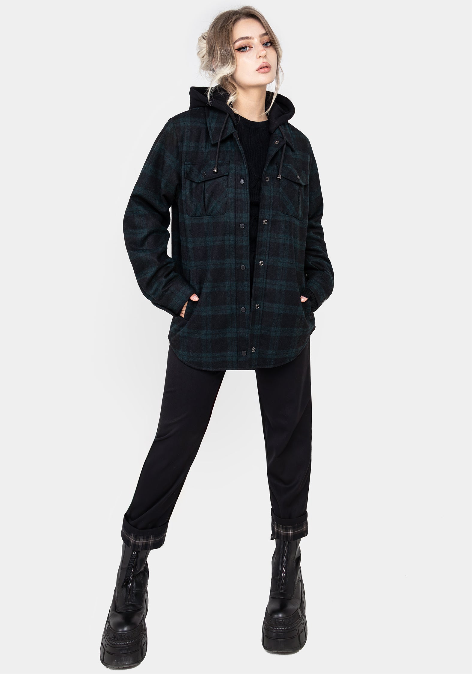 Disturbia | Trellis Hooded Pocket Wool Blend Check Shacket | Jackets
