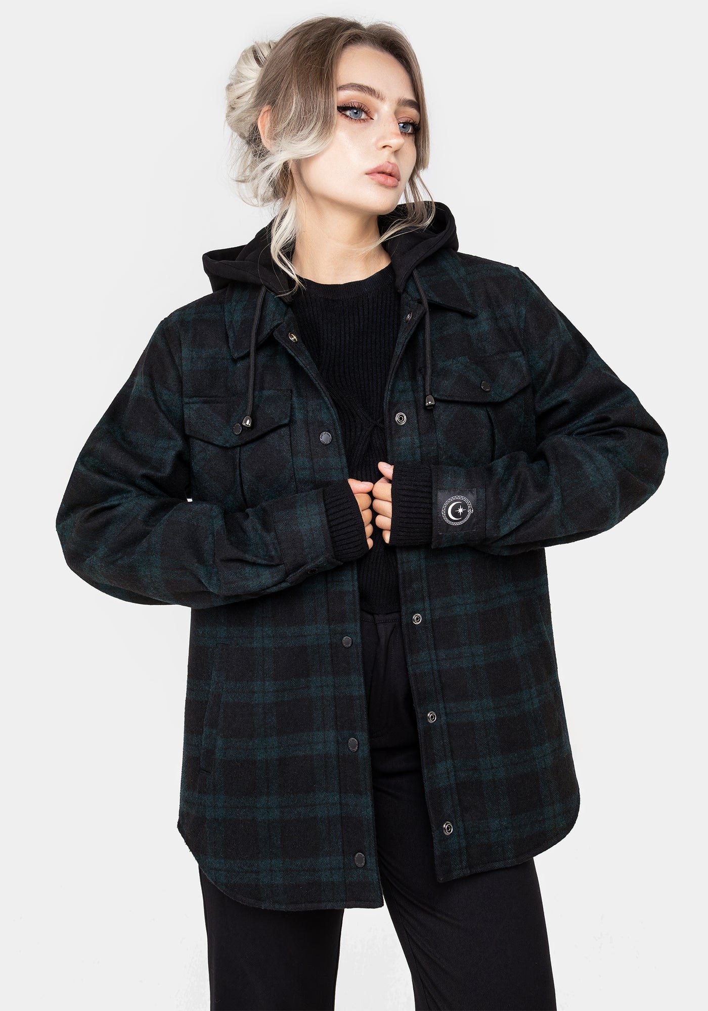 Disturbia | Trellis Hooded Pocket Wool Blend Check Shacket | Jackets