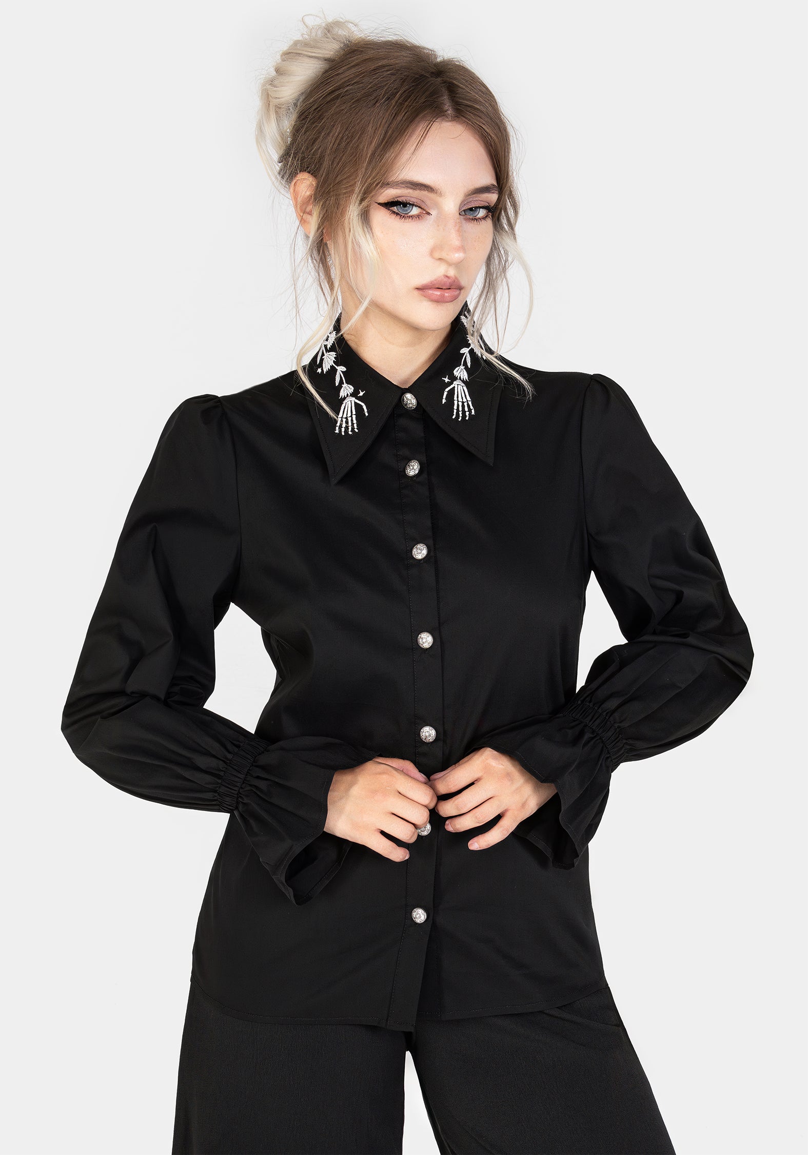 Butterfly Embroidered Button-Up Shirt with Puff Sleeves - Black main image 0