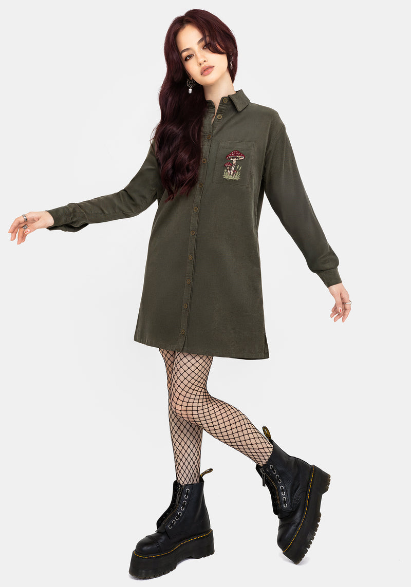 Whimsical Pocket Embroidered Mini Shirt Dress