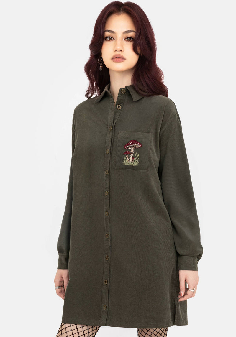 Whimsical Pocket Embroidered Mini Shirt Dress