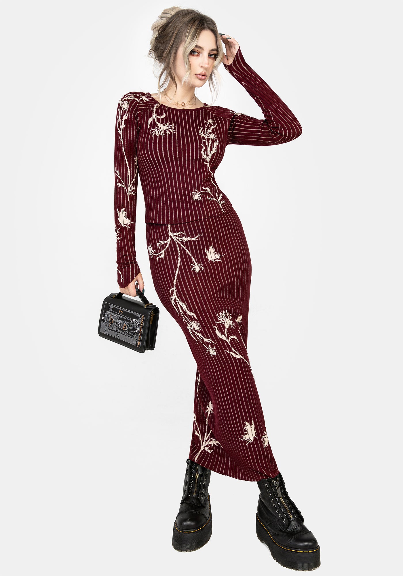 Rib Jacquard Pedicel Knit Tops、skirt Disturbia | Diastella Floral Jacquard Rib Knit Maxi Skirt | Skirts