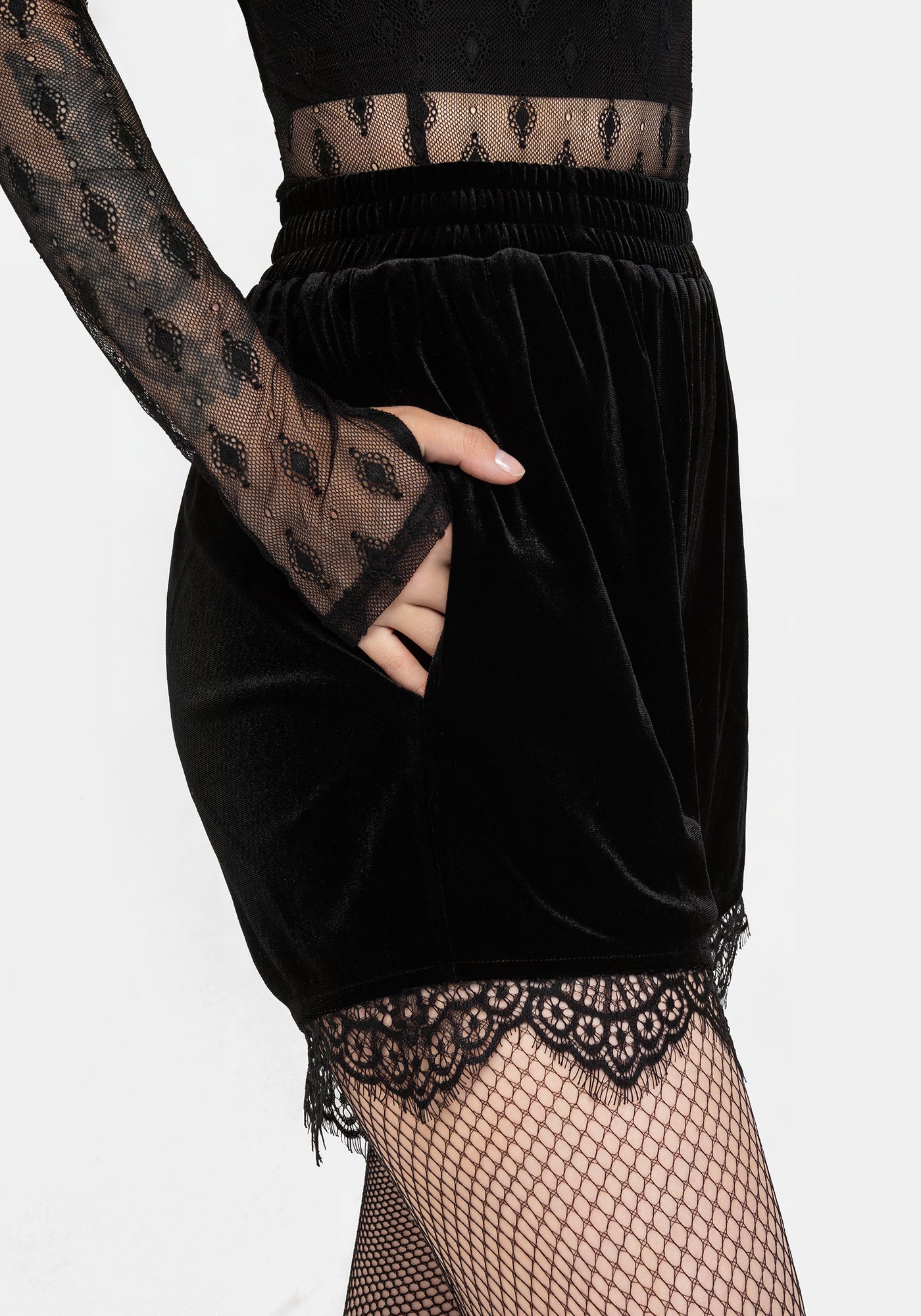 Disturbia | Spydre Lace Hem Velour Shorts | Shorts