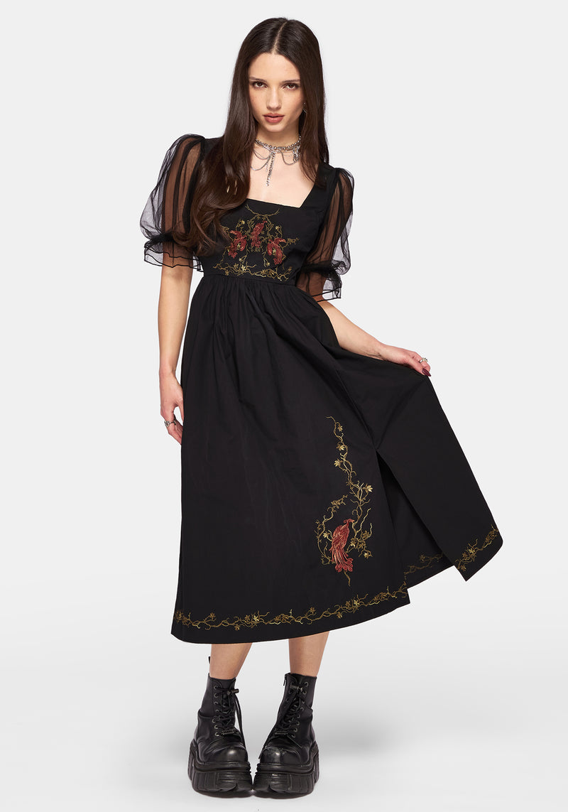 puff sleeve midi dress uk Phoenix Cotton Embroidered Puff Sleeve Midi Dress – Disturbia
