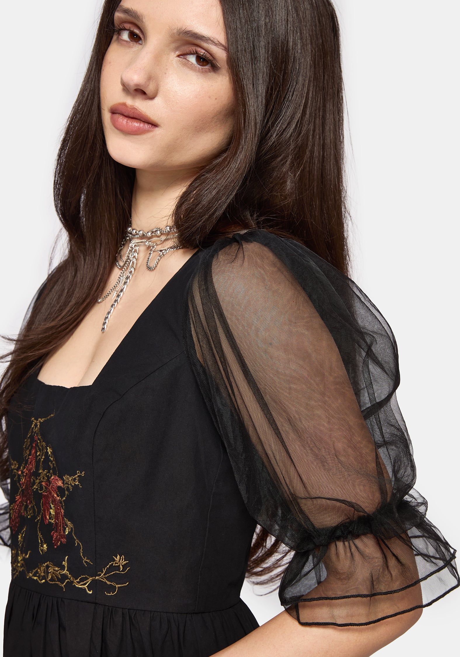 Phoenix Cotton Embroidered Puff Sleeve Midi Dress