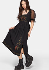 Phoenix Cotton Embroidered Puff Sleeve Midi Dress