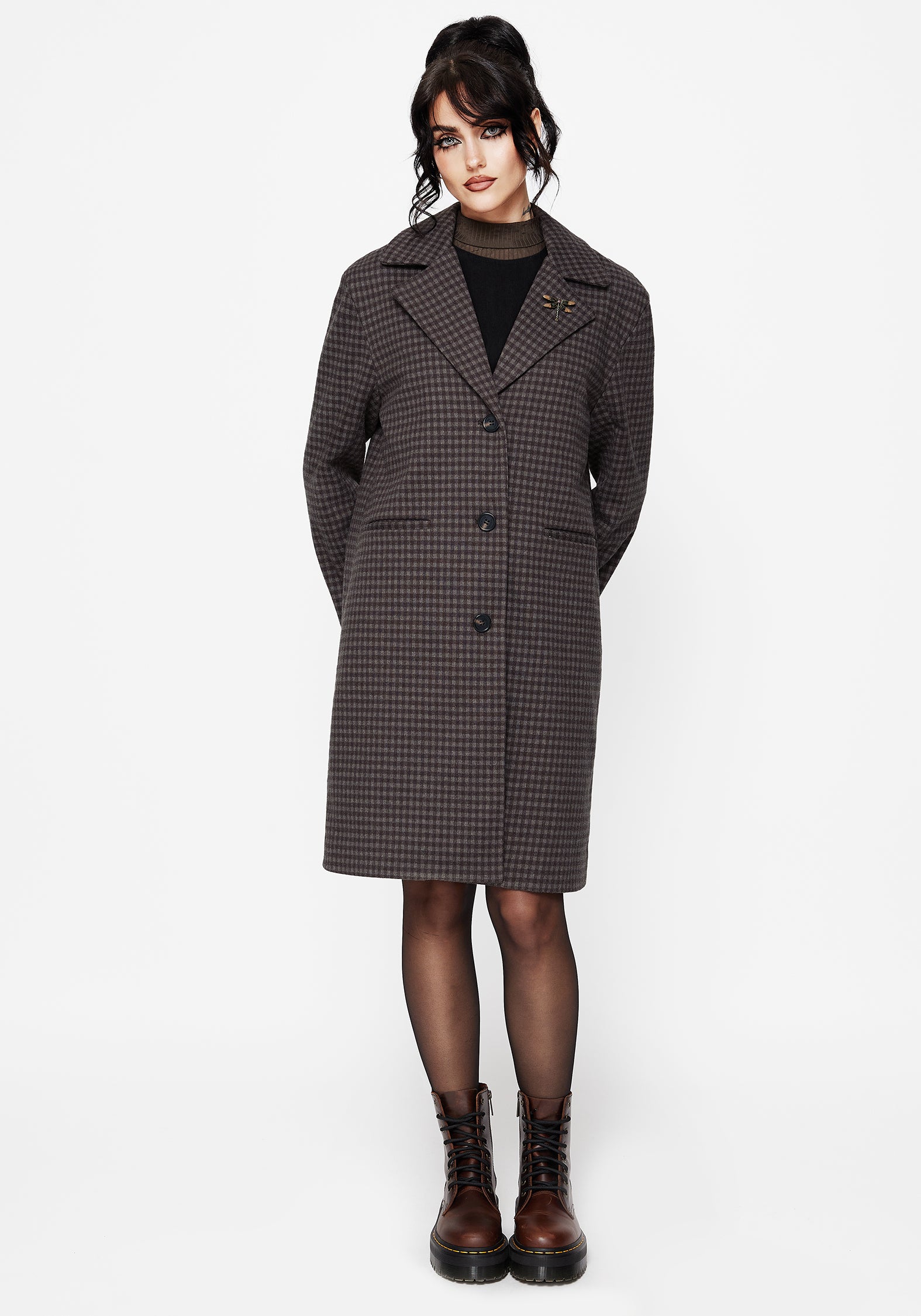 Pilgrim Gingham Coat With Dragonfly Brooch