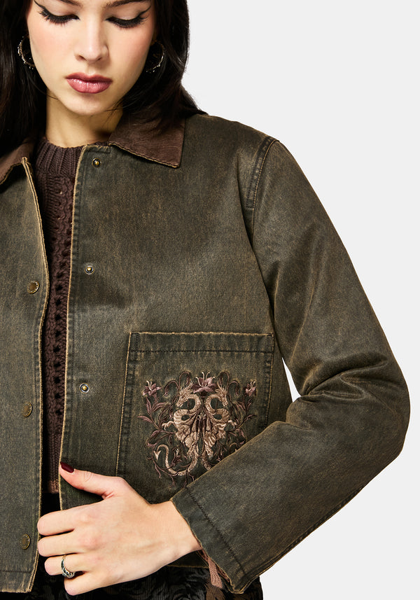 Vilethorn Cotton Dragon Embroidered Pocket Cord Collar Jacket