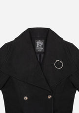 Abyss Tie Waist Double Breasted Coat With Snake Brooch - Black