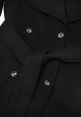 Abyss Tie Waist Double Breasted Coat With Snake Brooch - Black