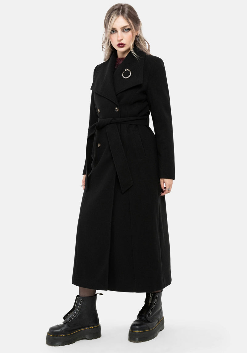 Abyss Tie Waist Double Breasted Coat With Snake Brooch - Black
