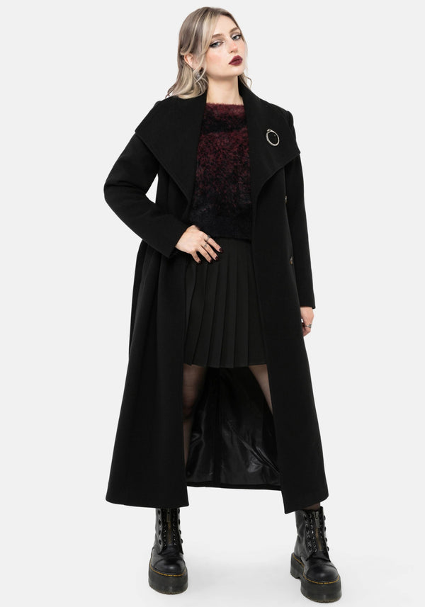 Abyss Tie Waist Double Breasted Coat With Snake Brooch - Black