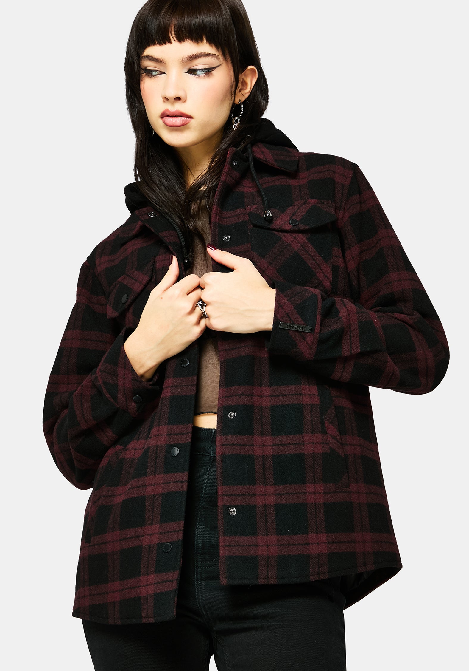 Trellis Hooded Pocket Check Shacket - Burgundy – Disturbia