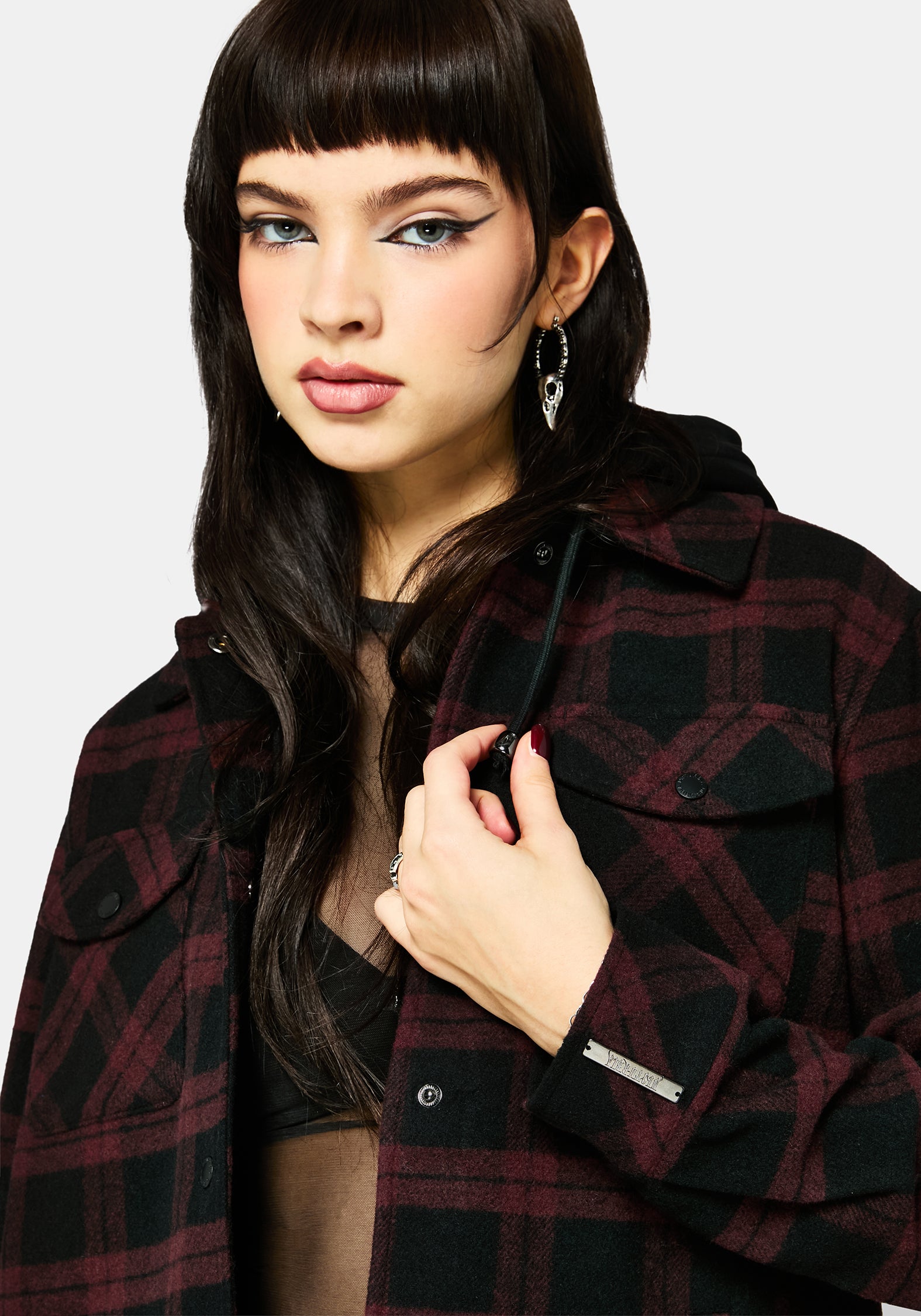 Trellis Hooded Pocket Check Shacket - Burgundy