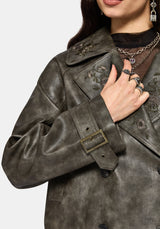 Fleux Embroidered Cropped Faux Leather Trench Jacket